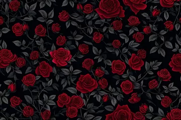 Fotobehang seamless pattern with red roses, Amidst the dense, mysterious forest, a dark and moody wild rose bush creates a captivating background wallpaper © SANA