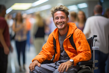 An adult smiling man with limited mobility sits in a wheelchair and checks in for a flight in the airport terminal, ensuring accessibility and convenience for all types of the population - obrazy, fototapety, plakaty