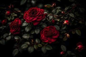 bouquet of roses, Amidst the dense, mysterious forest, a dark and moody wild rose bush creates a captivating background wallpaper