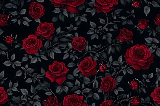 seamless pattern with red roses, Amidst the dense, mysterious forest, a dark and moody wild rose bush creates a captivating background wallpaper