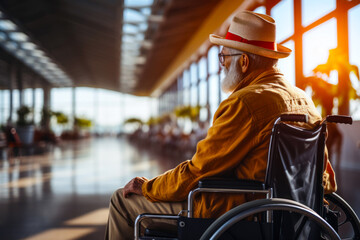 Convenience of modern airport terminals accessible to people with limited mobility, adult man in a wheelchair in a modern airport terminal waiting to check in for a flight - obrazy, fototapety, plakaty