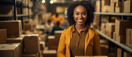 African female entrepreneur handling package logistics at a boutique store.