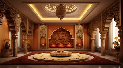 A traditional Indian pooja room adorned with a splendid false ceiling, where spirituality and aesthetics converge beautifully. - obrazy, fototapety, plakaty