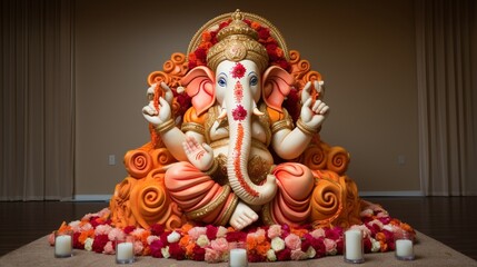 A traditional Indian wedding ceremony with a beautifully adorned Ganesh idol, symbolizing blessings for the newlyweds.