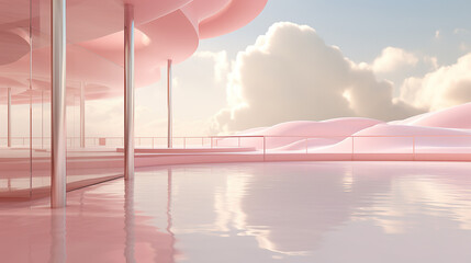 room with pink tones an water pool above the clouds with a view