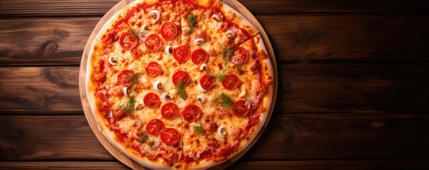 Seafood pizza with tomato sauce on wood table. Generative ai