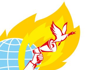 A vector icon with a duck flying out of it - a symbol of fake news. In the background is a flaming globe