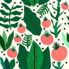 green leaves and plants with red cute tomatoes seamless pattern. Suitable for tiles, fabric, textile, decoration, wrapping and more. - obrazy, fototapety, plakaty