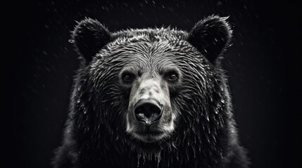  a black and white photo of a bear's face with drops of water coming off it's fur.