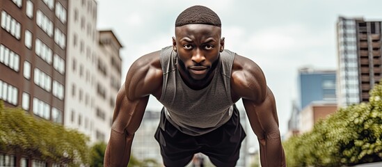 African man training outdoors in the city, focusing on cardio, muscles, and abs core.