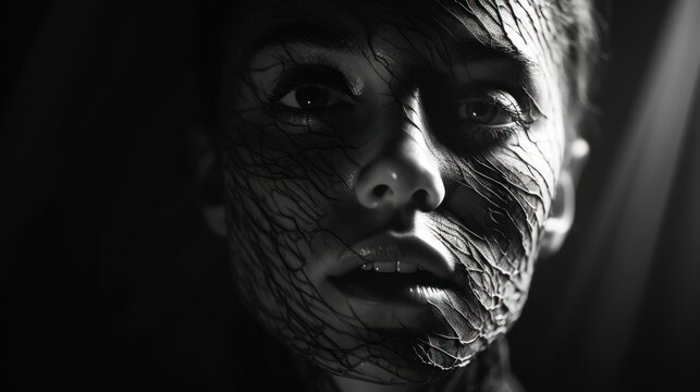  a black and white photo of a woman's face with lines drawn on her face and a curtain in the background.
