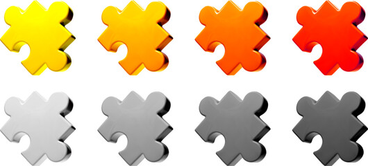 Jigsaw puzzle pieces. Bright colored and monochrome 3d parts connect together as team partnership concept illustration. Elements fit and match to build strategy or community