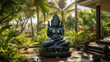 A tranquil yoga retreat center with a serene outdoor Ganesh sculpture, providing an ideal space for inner peace and meditation.