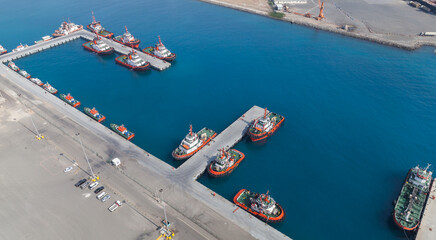 Fleet of tug boats and Pilot boats of Jeddah Islamic Seaport, aerial view
