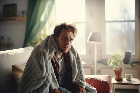 A sick man with a virus on the couch at home