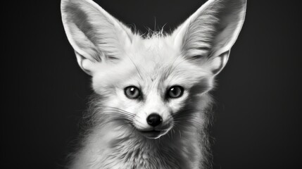  a black and white photo of a baby fox looking at the camera with a sad look on its face and ears.