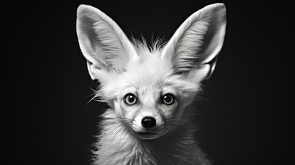 Fototapeta premium a black and white photo of a small fox looking at the camera with a sad look on its face and ears.