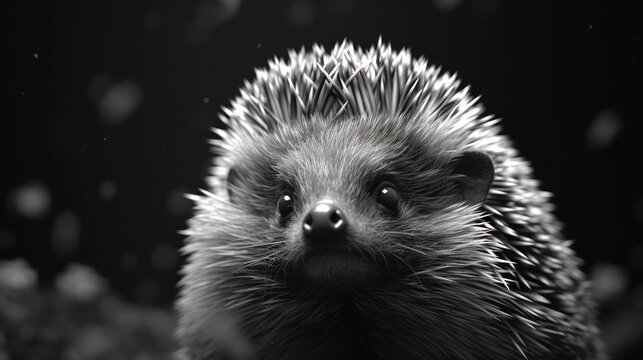  a black and white photo of a porcupine looking at the camera with a blurry background of snow flakes.