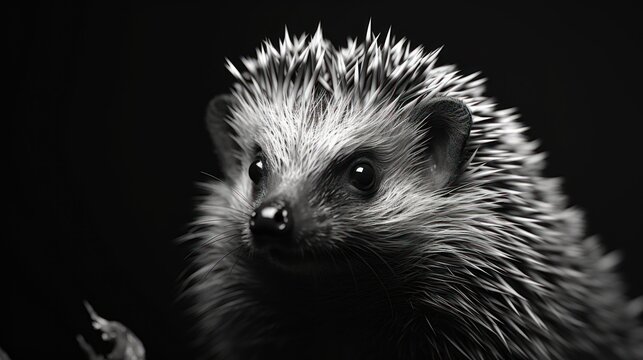  a black and white photo of a porcupine looking at the camera with an intense look on its face.