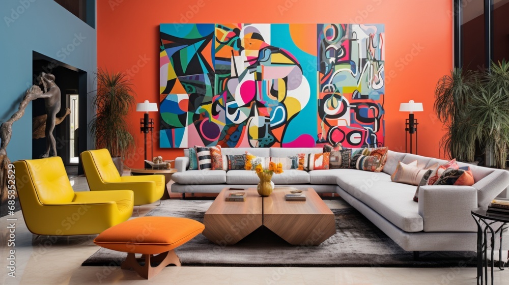 Wall mural A vibrant living room with bold, colorful wall paintings that energize the space. - Wall murals