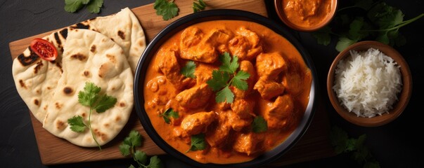 tikka masala spicy curry meat food Butter chicken with bread on dark backround. Generative ai - obrazy, fototapety, plakaty