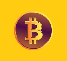Crypto coin on a yellow background. Stylized illustration of a Bitcoin coin in yellow, orange and purple colors.