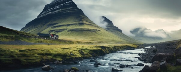 Traditional iceland landscape with house, black sand green  lava landscape. Generative ai - obrazy, fototapety, plakaty