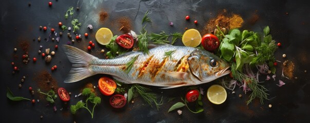 Troat fish with spices and herbs on slate table. Seafood. Generative ai