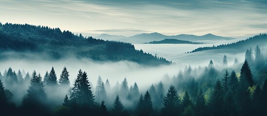 Aerial view of serene autumn forest landscape, covered in fog, with coniferous trees.