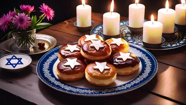 A Warm and inviting Hanukkah Table setting with Challah Bread and Burning Candles. Traditional Shabbat Challah. Jewish Celebration Concept Background -4k Seamless Loop