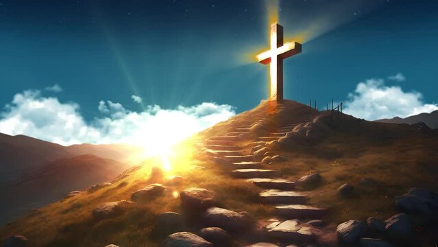 Shining Christian cross on top of the hill. Easter, Christian Religion Symbol Animated Concept background -4k Seamless Loop