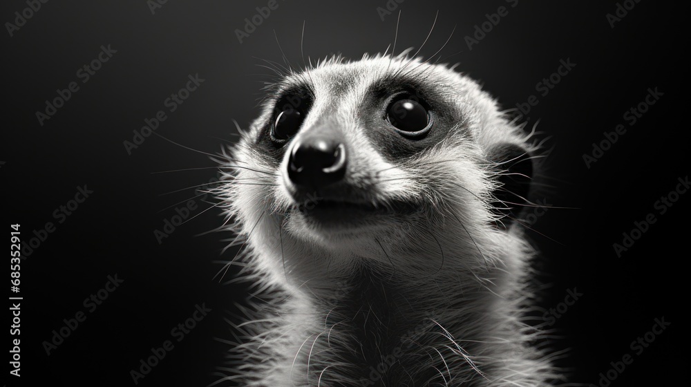 Poster a black and white photo of a meerkat looking up at the camera with an intense look on its face.