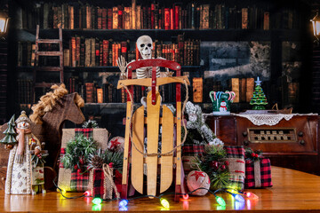 Christmas decorations surrounding skeleton holding sled with vintage radio and old library...