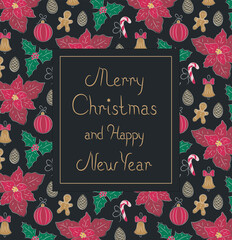 Holiday design for Christmas and New Year, card and frame with Christmas symbols.