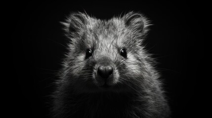 Naklejka premium a black and white photo of a small rodent looking at the camera with a sad look on its face.