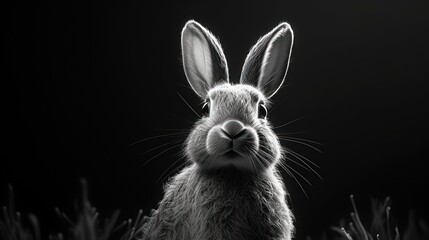  a black and white photo of a rabbit looking at the camera with a serious look on it's face.