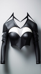 A mannequin presents a futuristic black lingerie piece with white detailing, combining fashion with a sci-fi edge.