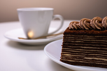Delicious Spartacus cake on a white plate, close-up. Light background