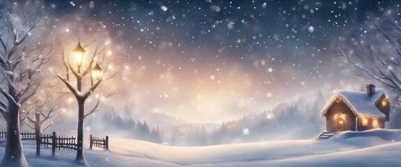 Christmas background - snow landscape with sparkling lights; background - copy space