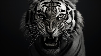  a black and white photo of a tiger with it's mouth open and it's teeth wide open.