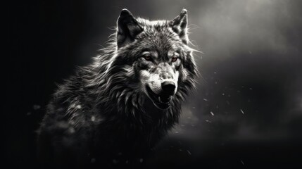  a black and white photo of a wolf's face with red eyes and an intense look on its face.