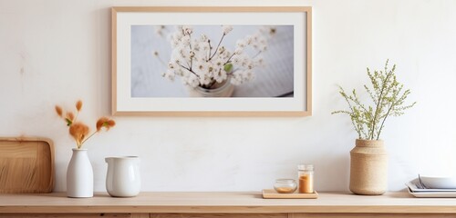 Warm Scandinavian kitchen close-up with a white frame on a wooden console and fresh flowers
