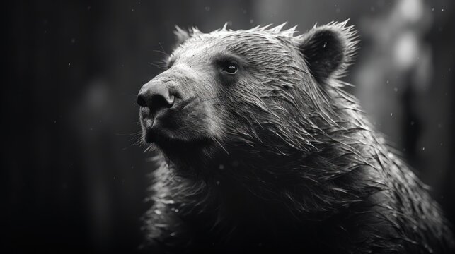  a black and white photo of a bear's face with the wet fur on it's back end.