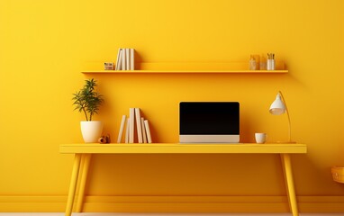 Sleek Wall-Attached Computer Workspace on Yellow Background