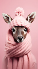 Cute roe deer wearing a pink scarf and hat on a pink background, in the style of fashion photography. Minimalism 
