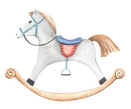 Vintage style cute toy rocking horse with red saddle and bridle isolated on transpatent background. Watercolor hand drawn illustration of children's room decoration, not AI.