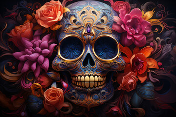 Mexican day of death or day of the dead. Sugar skull and flowers. El Dia de Muertos.
