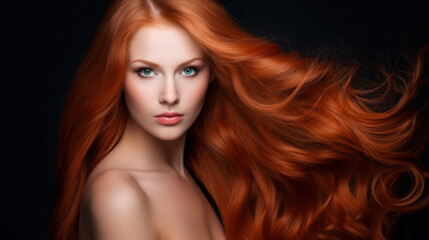 Fototapeta premium Beautiful woman with long wavy coloring hair on black background.