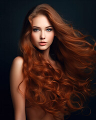 Fototapeta premium Beautiful woman with long wavy coloring hair on black background.