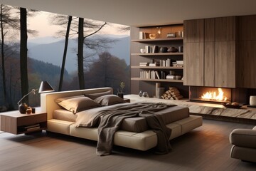 A bedroom with a fireplace in the middle of the room.